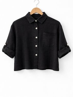 100% Linen Black Cropped Button-Down Pocket Shirt